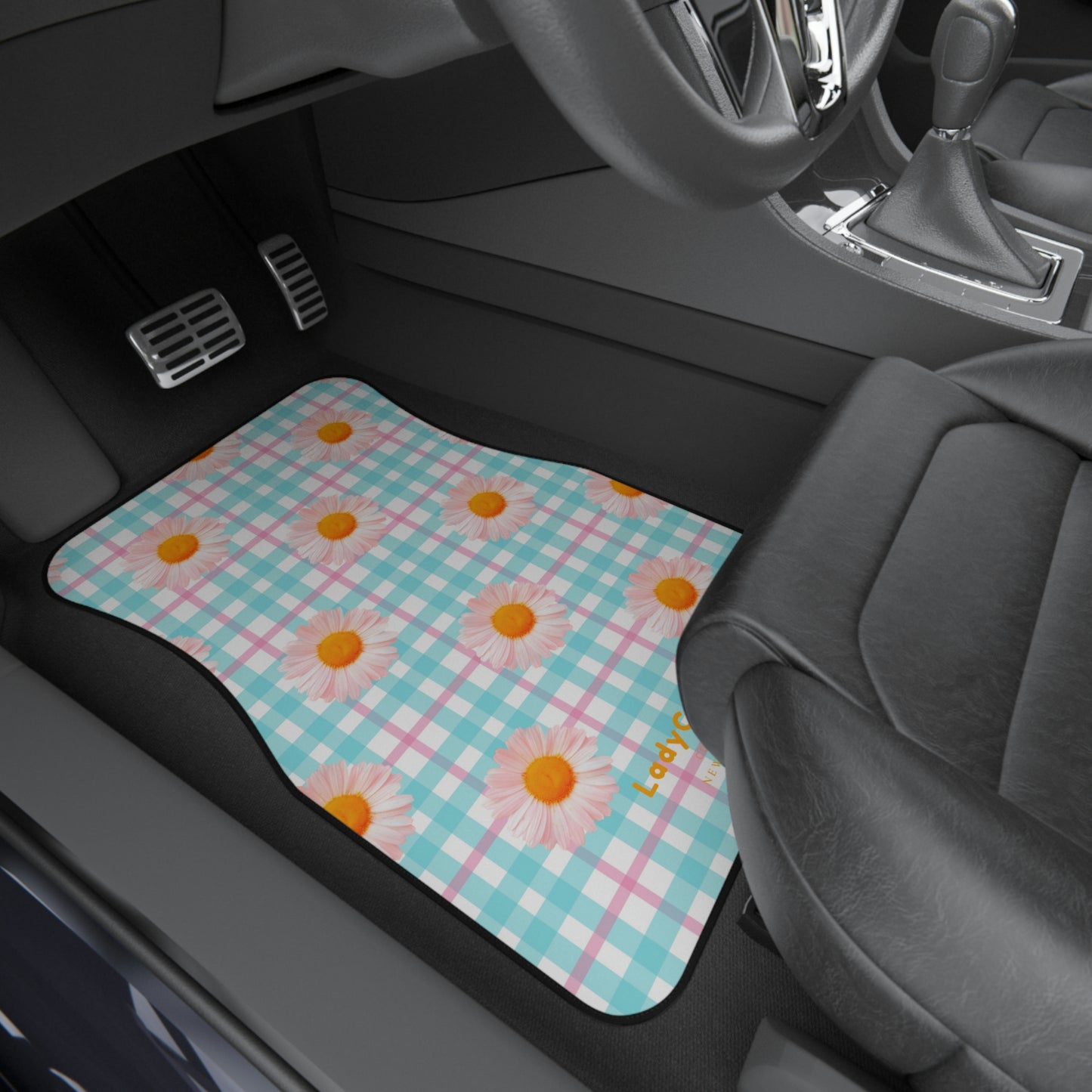 Daisy gingham | pink and blue | front car floor mats