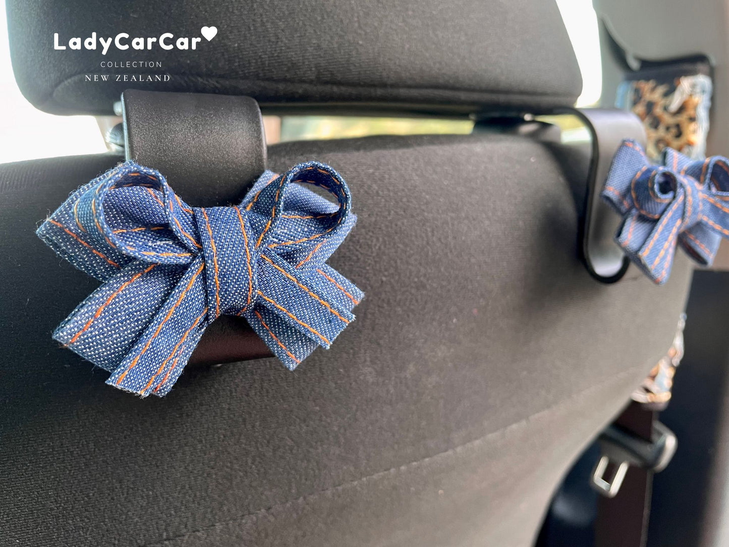 Pair Denim Ribbon Car Hook Hangers HANDMADE on Order -  Bleach Denim(C)