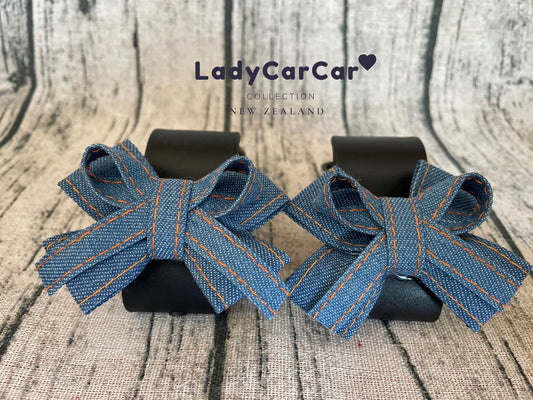 Pair Denim Ribbon Car Hook Hangers HANDMADE on Order -  Mid-value Denim(D)