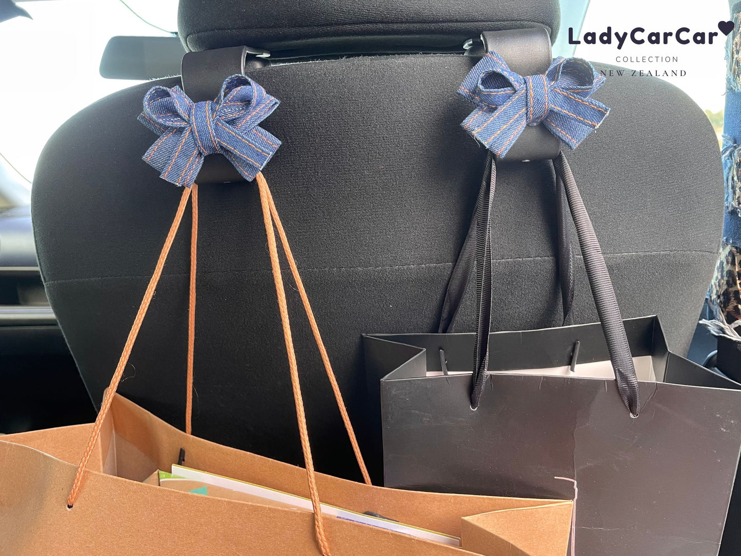 Pair Denim Ribbon Car Hook Hangers HANDMADE on Order -  Mid-value Denim(D)